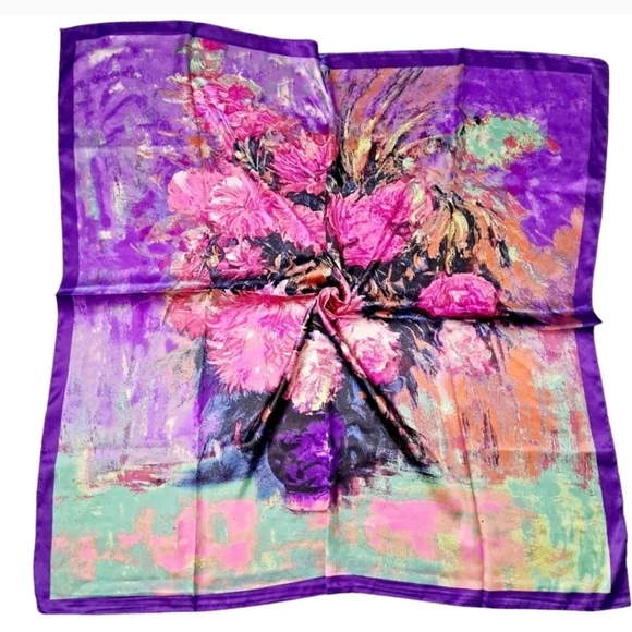Square Satin Floral Print Neck Scarf Boho oversized oil painting 💖2/$30 - Picture 7 of 16